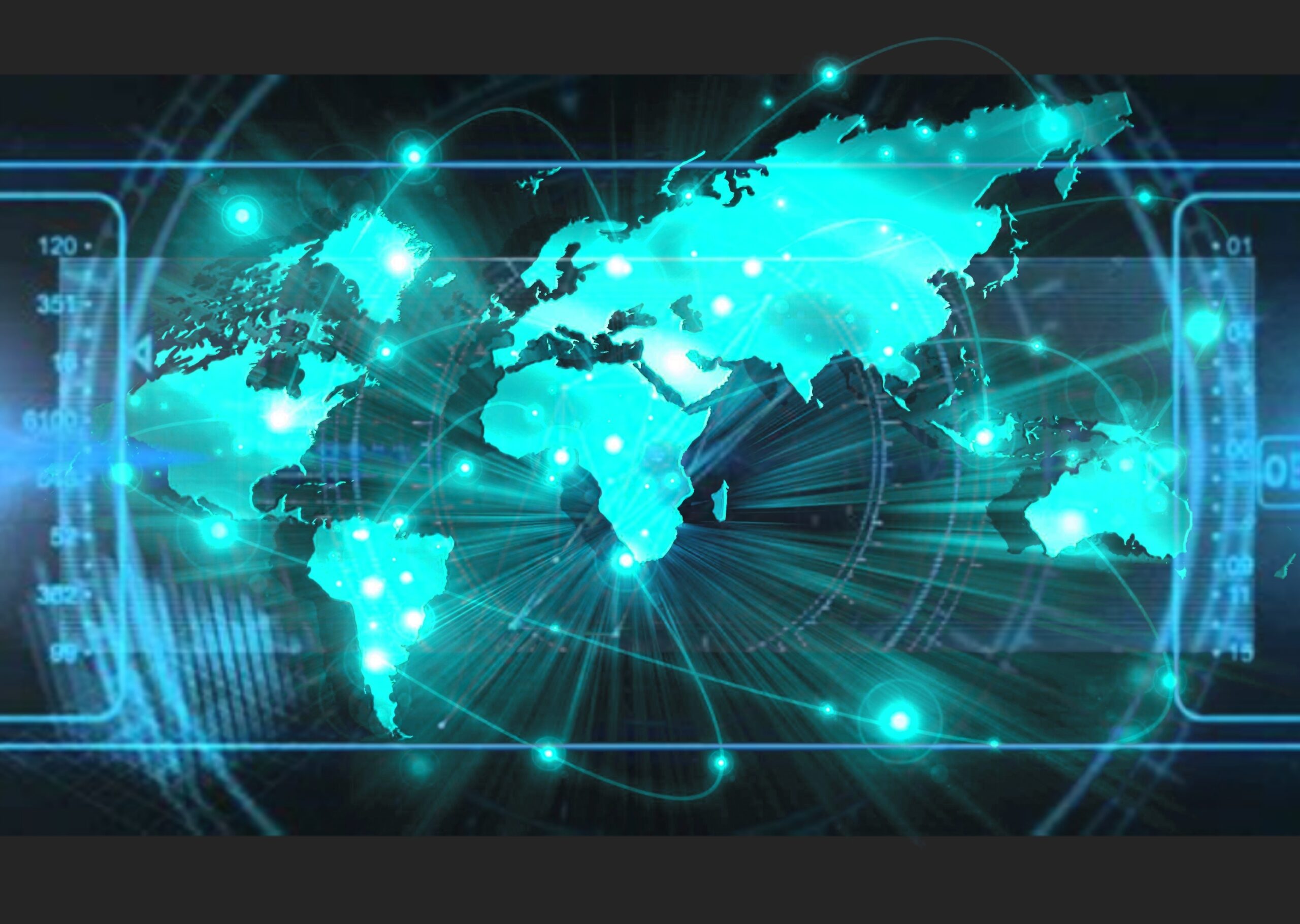 A digital artwork showing a glowing world map with interconnected points and lines, set against a high-tech background with various data displays, creating a futuristic and connected global network atmosphere.